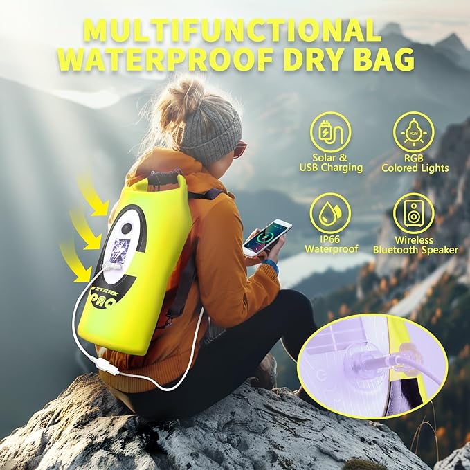 FELICON Solar/Battery Multi-Functional Backpack with Bluetooth Speaker,IP66 Waterproof Dry Bag,Heavy Duty Roll Top Closure,Large Capacity Bag for Camping,Hiking,Traveling (Neon Yellow 10L)