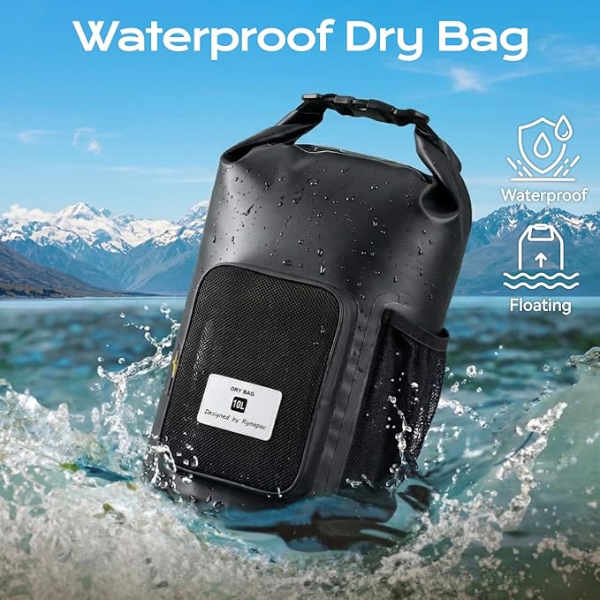 5L Waterproof Dry Bag with Bottle Holder & Mesh Pocket, 500D PVC Tarpaulin Roll Top Dry Sack with Inner Waterproof Adsorption Film, Lightweight Dry Bag for Kayaking, Beach, Boating, Fishing, Travel