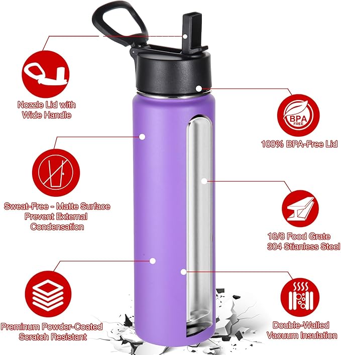 Volhoply 24oz Insulated Water Bottle with Straw Bulk 8 Pack,Metal Wide Mouth Water Bottles with Handle Lid Keep Cold,Reusable Double Wall Cups,Powder Coated Sport Bottle For Holder(Purple,8 Count)