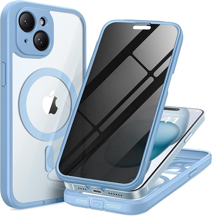 TIESZEN for iPhone 15 Case, Compatible with MagSafe, Built-in Privacy Screen Protector and Camera Protection, Anti Spy Full Body Dustproof Shockproof Hard Phone Case 6.1", Light Blue