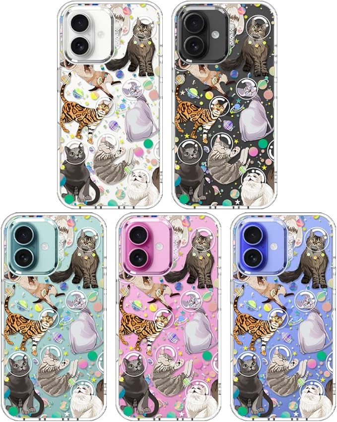 MOSNOVO Case for iPhone 16, [Buffertech 6.6ft Military-Grade Drop Protection] [Anti Peel Off Tech] Clear TPU Bumper Phone Case Cover Design - Space Cat