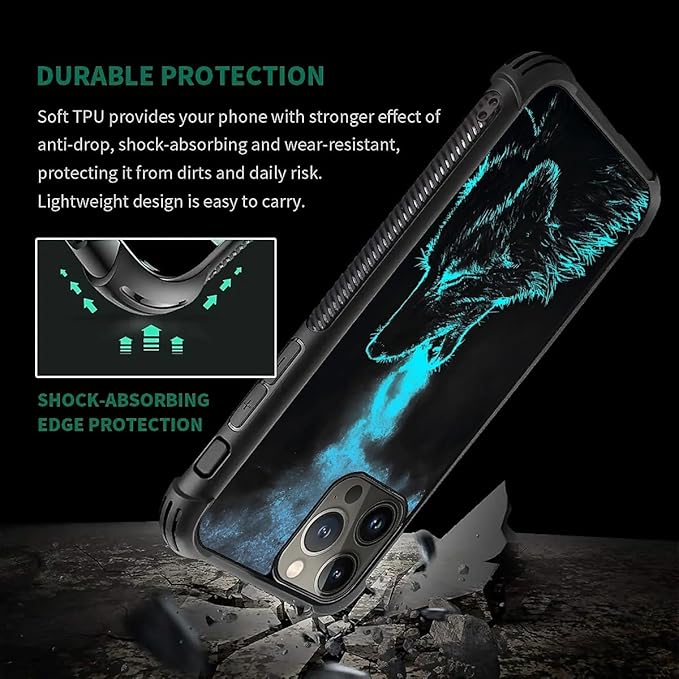 for iPhone 15 Pro Max Case, Blue Breathing Wolf Pattern Graphic Design Girl Boy Soft Silicone Hard Acrylic Shock Protection for iPhone 15 Pro Max