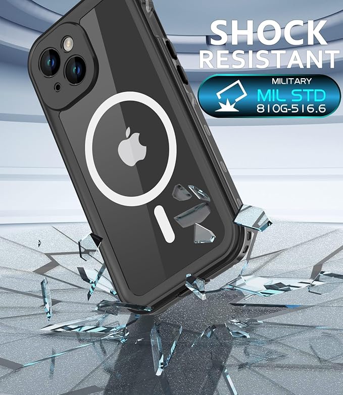 for iPhone 15 Case Waterproof,Shockproof Dustproof IP68 Waterproof iPhone 15 Case Built-in Screen Protector Charging Magnetic Ring for iPhone 15 Cover Black
