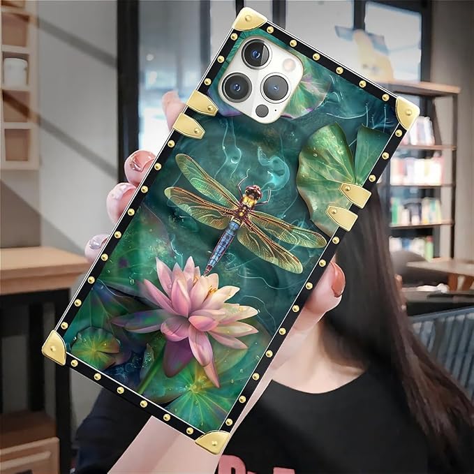 Compatible with iPhone 12 Pro Max Case, Colourful Dragonfly Pink Lily Pads Luxury Golden Decoration for Girl Women Soft TPU Shockproof Protective Hard PC Back for iPhone 12 Pro Max