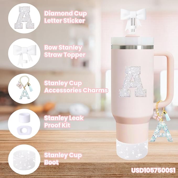 6PCS White Stanley Cup Accessories Set Fit for Stanley Cup 30oz 40oz. Including Handle Charm, Personalized Initial Sticker, Straw Topper, Sparkly Silicone Boot, Spill Proof Stopper (Letter-V)