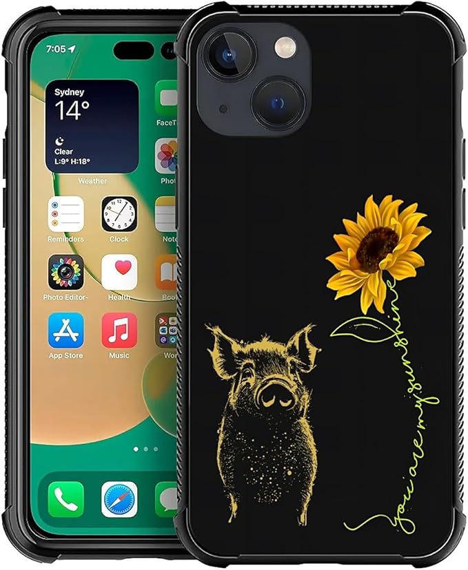 for iPhone 14 Plus Case, Pig Sunflower Yellow Sunshine Pattern Made of Soft Silicone Hard Acrylic Shock Protection for iPhone 14 Plus