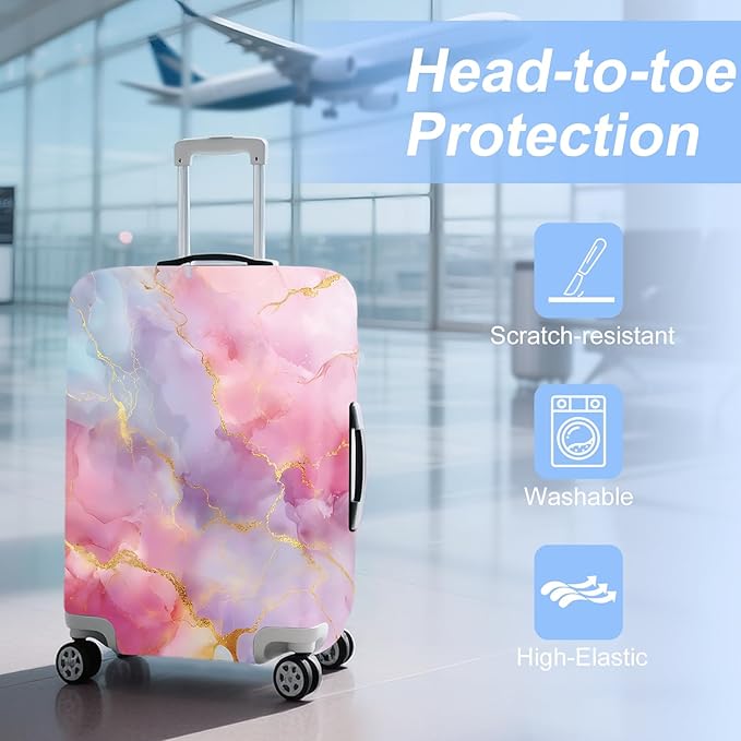 ANNA QUEEN Pink Marble Travel Luggage Cover -Stretchable Airplane Suitcase Protector Sleeve,Universal Washable Fit for 20-37 Inch Checked Baggage,Water Resistant Durable Luggage Protector