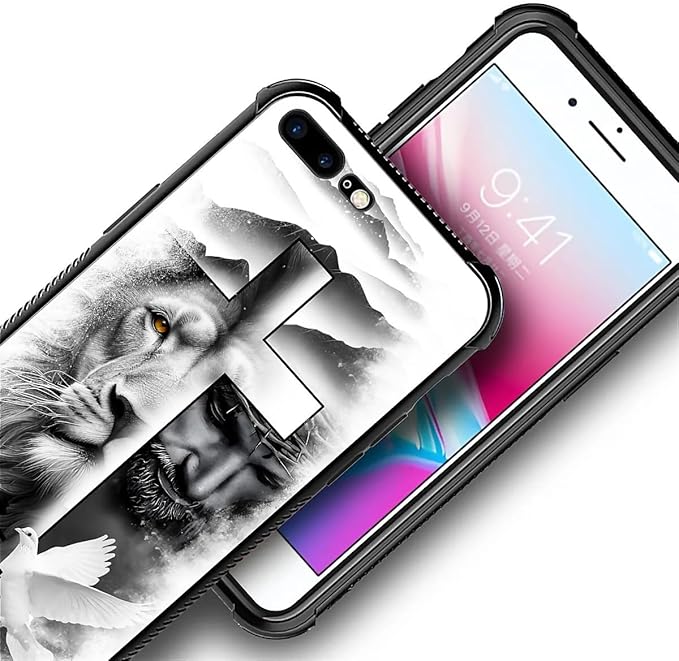 Case for iPhone 7 Plus/8 Plus, Lion Cross Jesus Christ Dove Pattern, Soft Silicone Hard Acrylic for Shock Protection