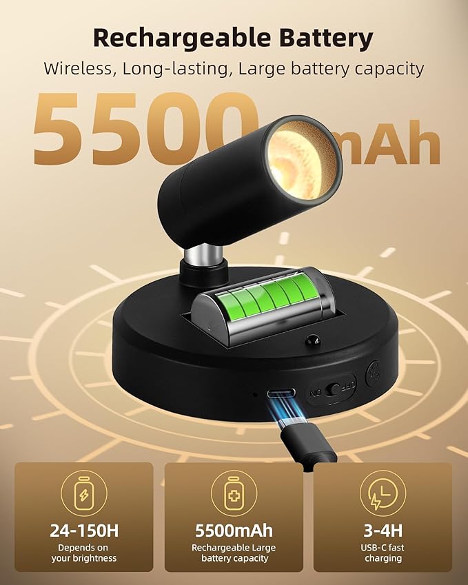 EZVALO Wireless LED Spotlights Indoor, 5500mAh Rechargeable Battery-Powered Plant Spotlights, Dimmable & Timer, 3-CCT Small Up Lights with Remote, Accent Uplighting for Artwork, Trees (Black)