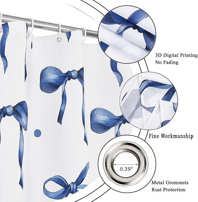 Navy Bow Shower Curtain, Navy and White Modern Aesthetic Bowknot with Polka Dot Cute Girly Bathroom Curtain Waterproof Fabric Machine Washable with Hooks, 72" Wx96 L