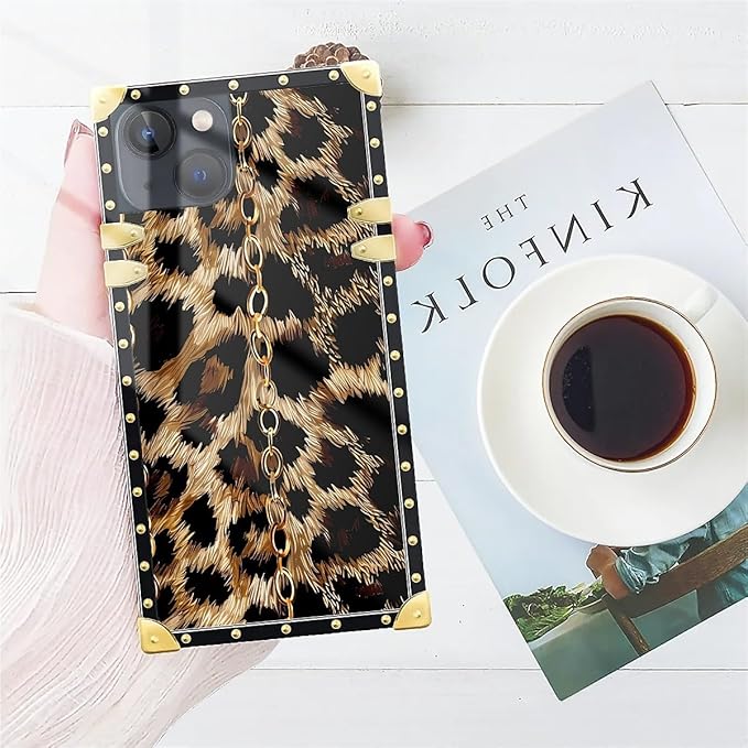 Compatible with iPhone 15 Case, Seamless Gold Chain Leopard Luxury Golden Decoration for Girl Women Soft TPU Shockproof Protective Hard PC Back for iPhone 15