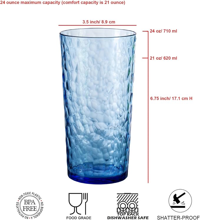24-ounce Plastic Tumblers, Acrylic Drinking Glasses High-Balls, set of 8 Multicolor Reusable Plastic Cups, Hammered Style Stackable, BPA-Free, Shatter-Proof, Dishwasher-Safe
