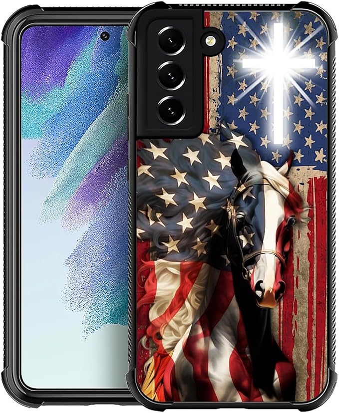 for Samsung Galaxy S22 Case, Red American Flag Horse Cross Pattern Graphic Design Girl Boy Soft Silicone Hard Acrylic Shock Protection for Samsung Galaxy S22