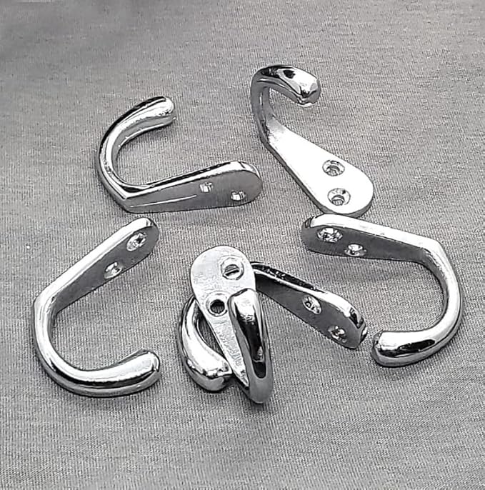 FAPBADRI Multipurpose Hooks, Used to Hang Clothes, Bags, Coats, Curtain Hold Backs, Keys, Silver Colour, Material - White Metal, Screws and Wallplugs Included, Pack of 4 Pieces