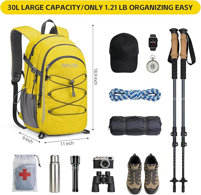 RealCool Hiking Backpack for Men Women,30L Lightweight Waterproof Travel Camping Backpack Hiking Daypack for Cycling Running,Yellow