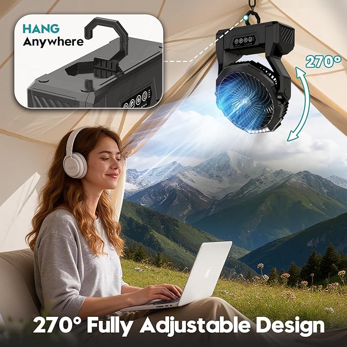 XZK Camping Fan, 20000mAh Rechargeable Battery Powered Fan with LED Lantern, Cordless Portable Tent Fan with Hanging Hook, 4 Speeds 2 Brightness Levels for Home Desk Outdoor - Dark Black