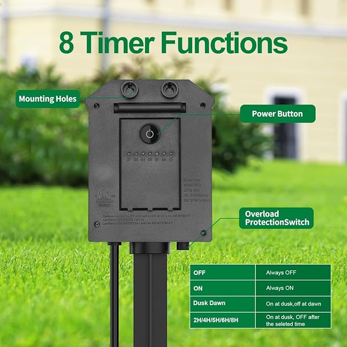 Outdoor Power Strip with 15 FT Extension Cord, 100FT Remote Control, Dusk to Dawn Light Timer Waterproof, 6 Grounded Outlets for Yard, Pool and Garden, ETL Listed