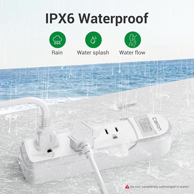 Outdoor Power Strip Waterproof IPX6 Surge Protector with 10 FT Extension Cord 3 Widely Outlets Overload Protection Shockproof Flat Plug Wall Mountable for Outdoor/Indoor ETL,White