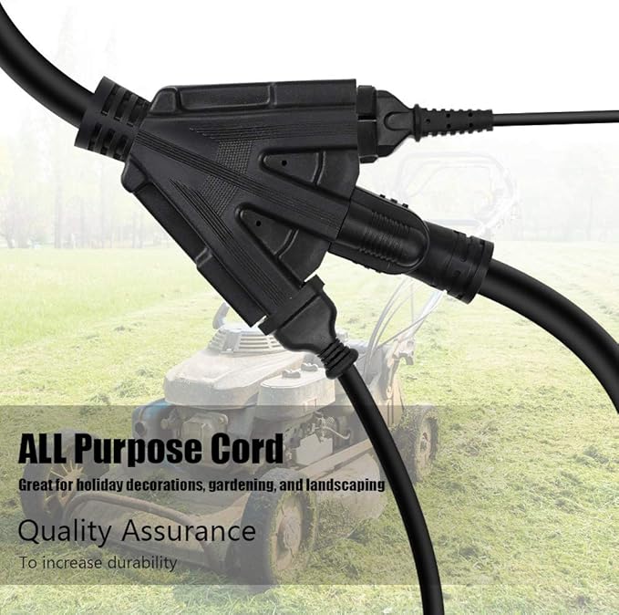 10FT 12/3 Outdoor Extension Cord, Heavy Duty 3-Outlet SJTW Indoor/Outdoor Three-Prong Power-Cord 12-Gauge Grounded 15-Amp 1875 Watts