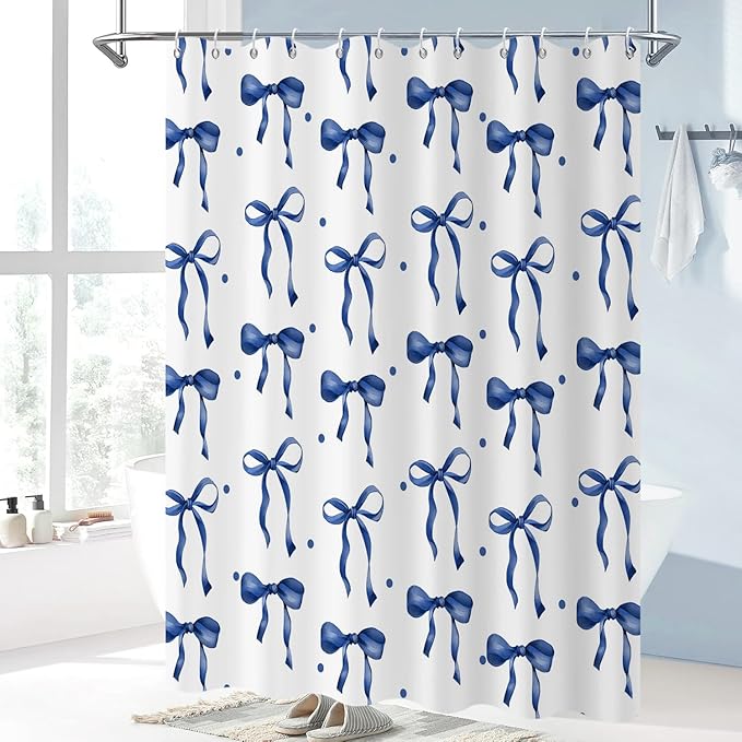Navy Bow Shower Curtain, Navy and White Modern Aesthetic Bowknot with Polka Dot Cute Girly Bathroom Curtain Waterproof Fabric Machine Washable with Hooks, 72" Wx96 L