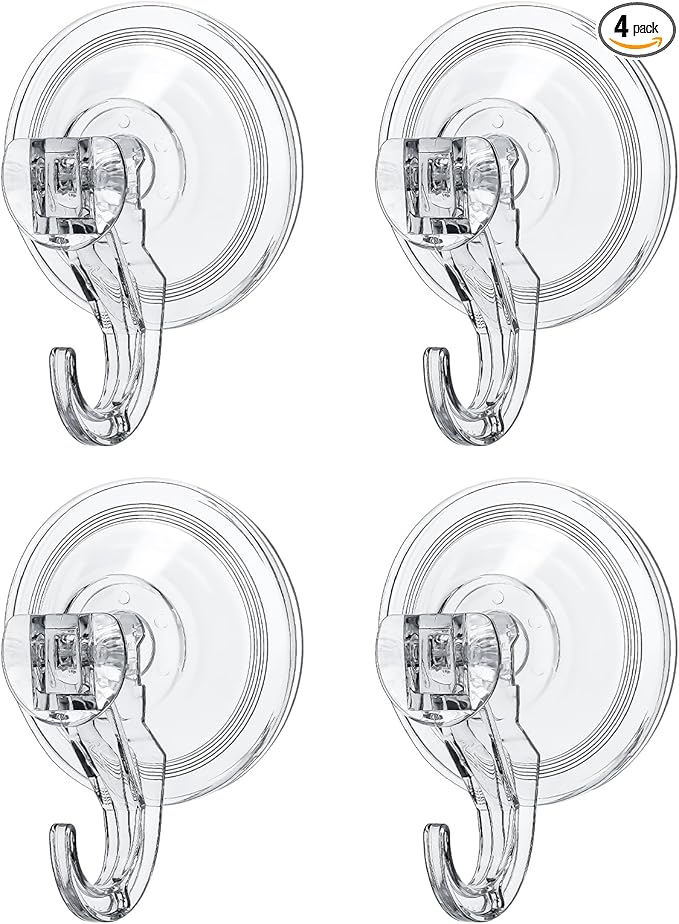 Suction Hooks 4 Packs, Clear Powerful Push and Lock Vacuum Suction Cup, Multi-Purpose Suction Shower Hooks for Front Door Window Glass Kitchen Towel Loofah Utensils