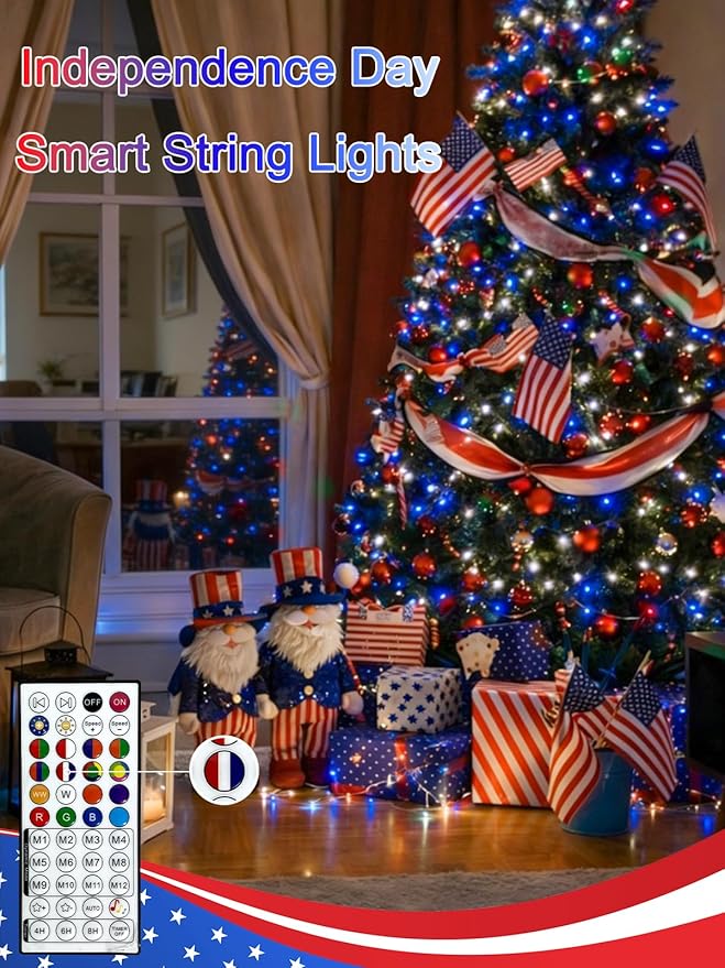 Smart Color Changing 4th of July Lights with Remote & App, 66FT 200LED Red White and Blue Twinkle Lights with Timer, RGB Patriotic Fairy String Light Waterproof Indoor Outdoor Independence Day Decor