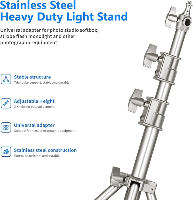 Neewer 118"/3m Stainless Steel Light Stand, Spring Cushioned Heavy Duty Photography Tripod Stand with 1/4” to 3/8” Universal Screw Adapter for Strobe, LED Video Light, Ring Light, Monolight, Softbox