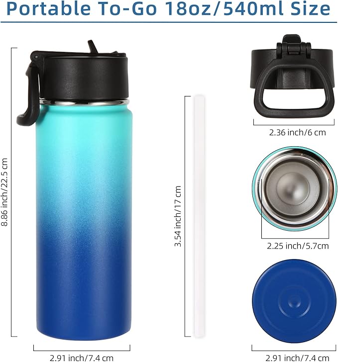 Volhoply 18oz Insulated Water Bottle Bulk 4 Pack,Kids Stainless Steel Water Bottles with Straw Lid,Double Wall Vacuum Metal Cups,Wide Mouth Reusable Sports Flask Keep Hot and Cold(Green Blue,4 Set)