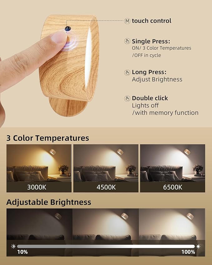 LED Wall Mounted Lights, Rechargeable Wall Sconce Lamps, 3 Color Temps & Remote and Touch, 360° Rotation Dimmable Cordless Wall Light for Study Bedroom Reading Bedside (Wood, 1 Pack)