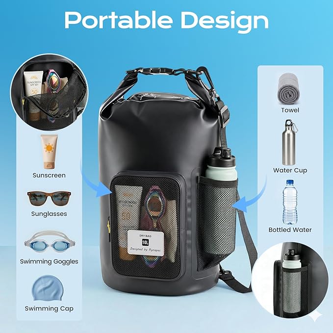 5L Waterproof Dry Bag with Bottle Holder & Mesh Pocket, 500D PVC Tarpaulin Roll Top Dry Sack with Inner Waterproof Adsorption Film, Lightweight Dry Bag for Kayaking, Beach, Boating, Fishing, Travel