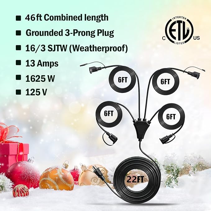 Eversimpleinc Black 1 to 4 Splitter Extension Cord (Combined 46 FT, End to End 28 FT), 3 Prong Plug with 4 Extended Outlets, with Weatherproof Covers for Indoor and Outdoor