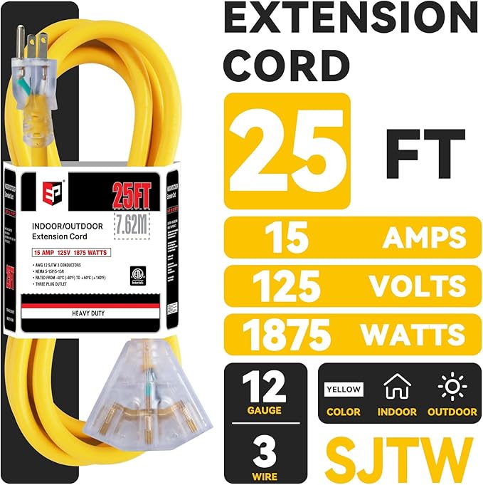 EP 2 Pack 25 Ft 12 Gauge Heavy Duty Extension Cord, 15A 125V 1875W, 3 Outlet Indoor/Outdoor Power Cord with Lighted End, 12/3 SJTW Weatherproof Yellow