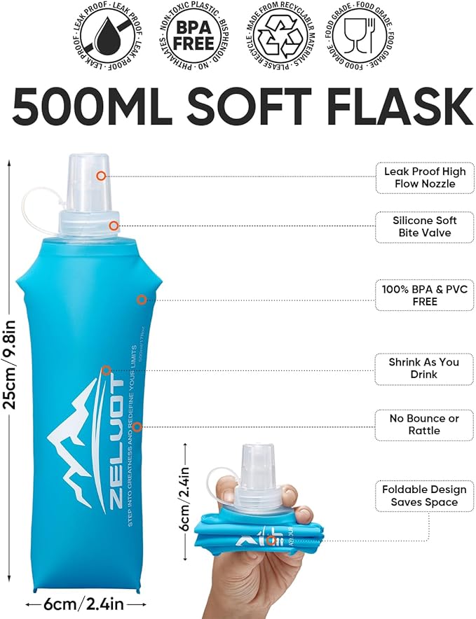 Zelvot 2 Pack Running Vest Soft Flask, BPA-Free 500ml Collapsible Water Bottle for Hydration Backpack, Folding Running Water Bottle for Marathon Hiking Cycling Climbing (Blue, 500ML - 2 Pack)