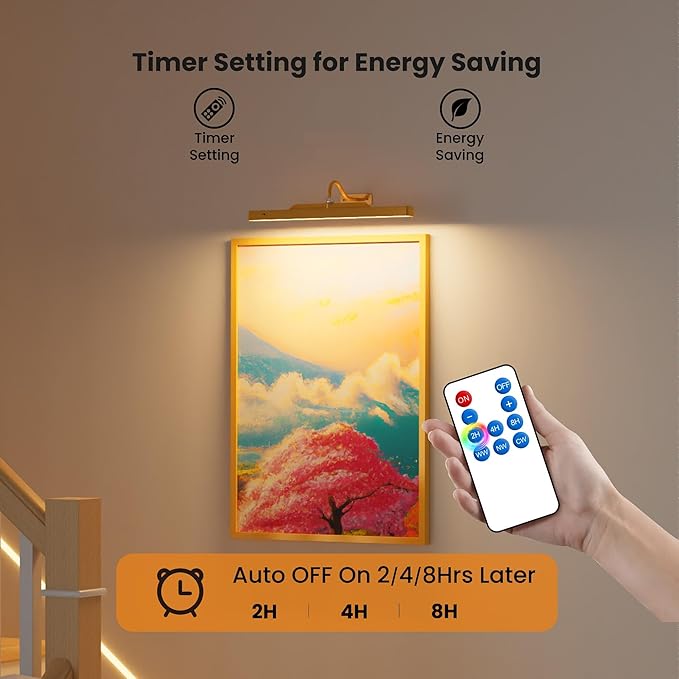 Picture Light Battery Rechargeable, 3Pack Picture Light for Wall with Remote, 3 Color Modes and Dimmable Classic Art Lights for Paintings, Pictures in Gallery, Bedroom, with Timer_Antique Gold