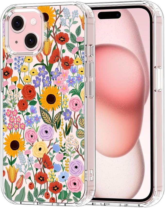 MOSNOVO Case for iPhone 15, [Buffertech 6.6ft Military-Grade Drop Protection] [Anti Peel Off Tech] Clear TPU Bumper Phone Case Cover Design - Blossom & Bloom
