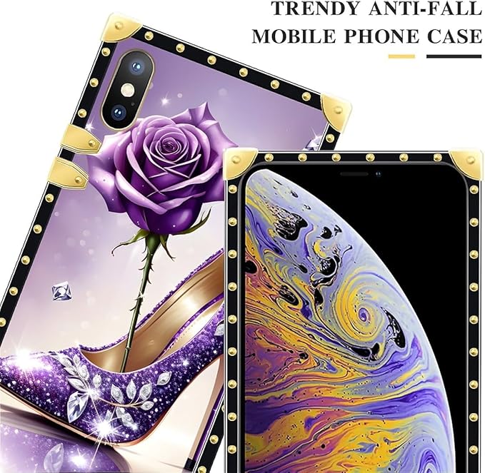 Compatible with iPhone Xs Max Case, High Heeled Purple Diamond Rose Luxury Golden Decoration for Girl Women Soft TPU Shockproof Protective Hard PC Back for iPhone Xs Max