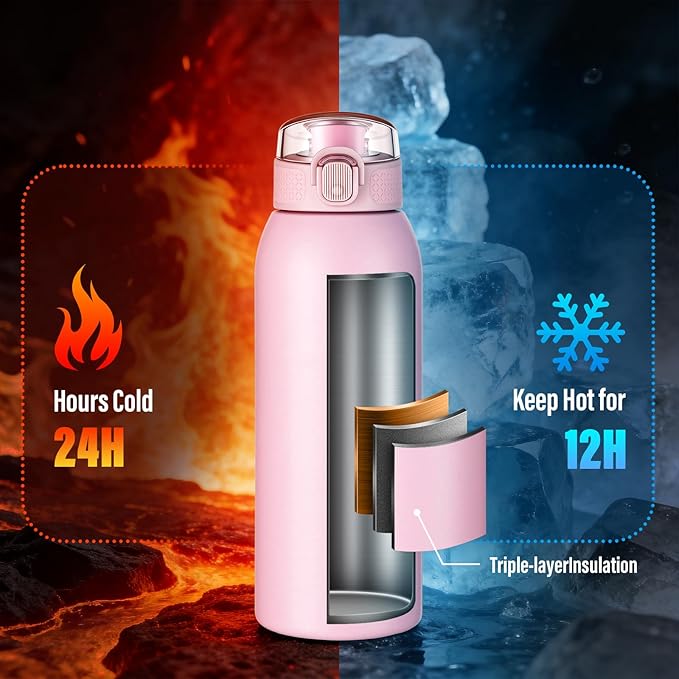 Insulated Water Bottle 24 oz with Dustproof Lid, Carry Handle & Tea Infuser, BPA-Free & Leakproof, Stainless Steel Water Bottles Ideal for Fitness, Hiking, Office & Outdoor Use （ Water Pink）