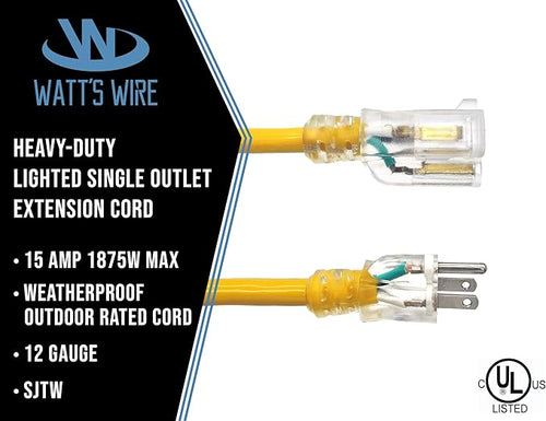 15 ft Outdoor Extension Cord Waterproof - 12 Gauge Heavy Duty Extension Cord 15 ft - Lighted Outdoor Extension Cords - Watts Wire - 15' Grounded - extensiones electricas