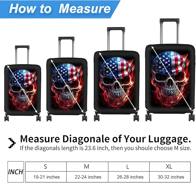 Luggage Cover Protector for 22-24 Inch Suitcases, TSA Approved Elastic Travel Suitcase Covers, Anti-Scratch Washable Luggage Sleeve for Carry On & Checked Bags, Skull American Flag