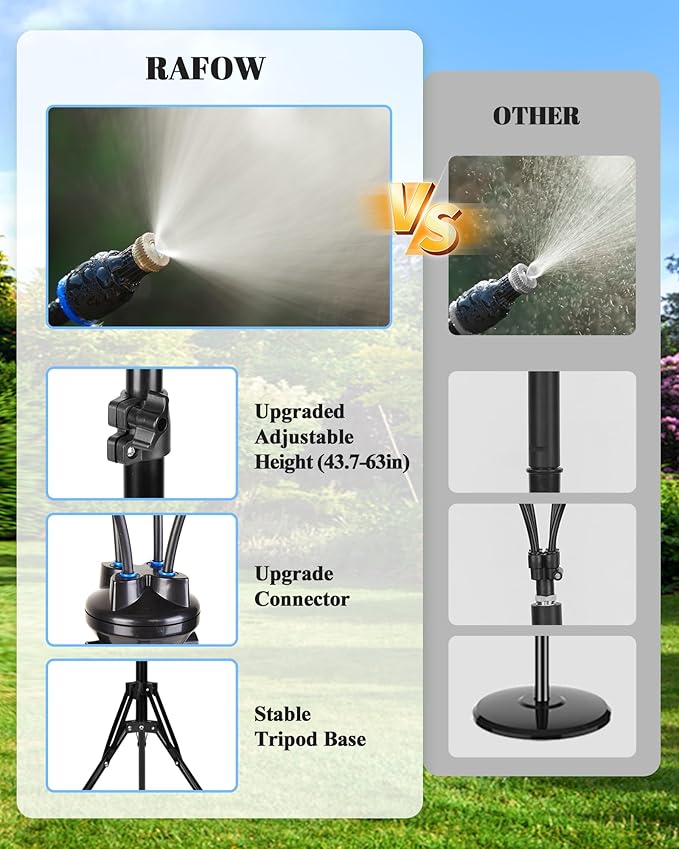 Rafow Standing Misters for Outside Patio - Adjustable Height 3.6-5.2FT Misting System Line 26.5FT Portable Water Misters for Cooling Outdoor with Tripod Base Stand Mister for Backyard Pool BBQ Party