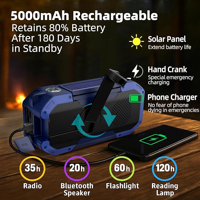 KAYINOW Emergency NOAA Weather Radio, Solar Hand Crank FM AM Radio with Bluetooth Speaker, 5000mAh/18500mWh Battery Powered, Flashlight, IPX5 Waterproof, SOS Alarm for Survival Hurricane Camping