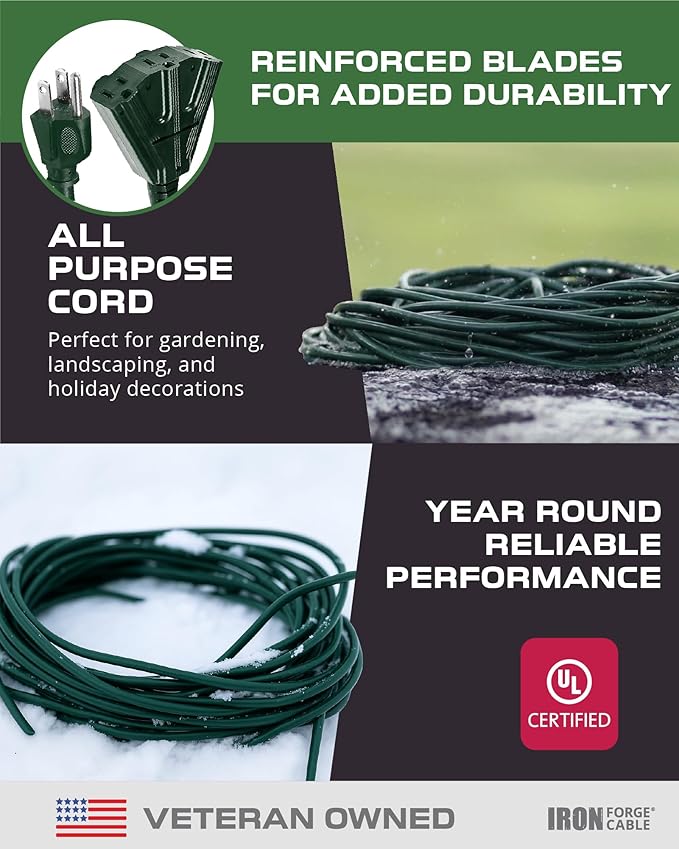Iron Forge Cable 2 Pack 50ft Green Outdoor Extension Cord with 3 Outlets - 16/3 SJTW 50ft Extension Cord, 13 Amp All-Weather Heavy Duty Power Cable