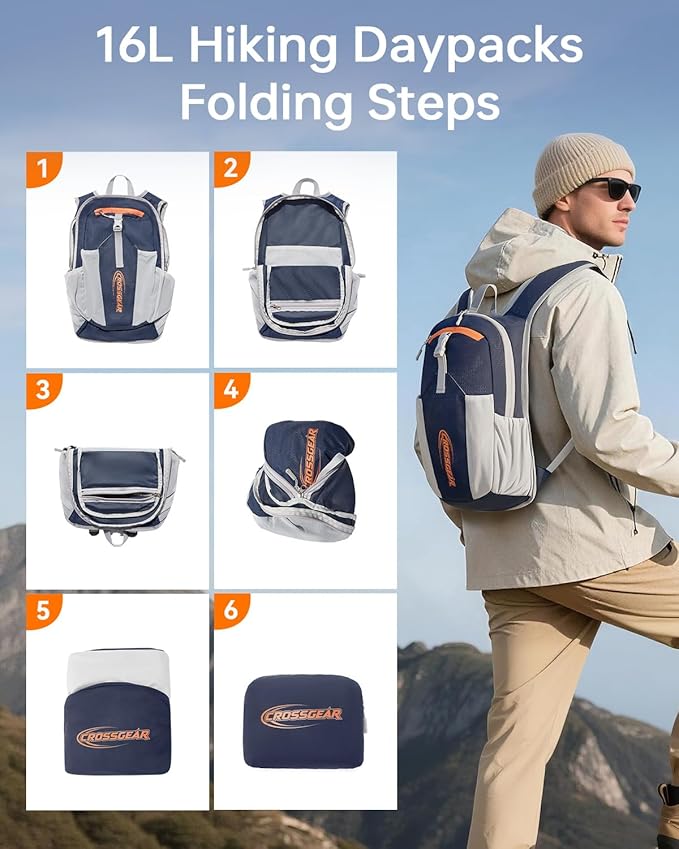 16L Small Hiking Backpack, CROSSGEAR Lightweight Waterproof Foldable Backpack, Travel Camping Outdoor Daypack for Women Men, Orange
