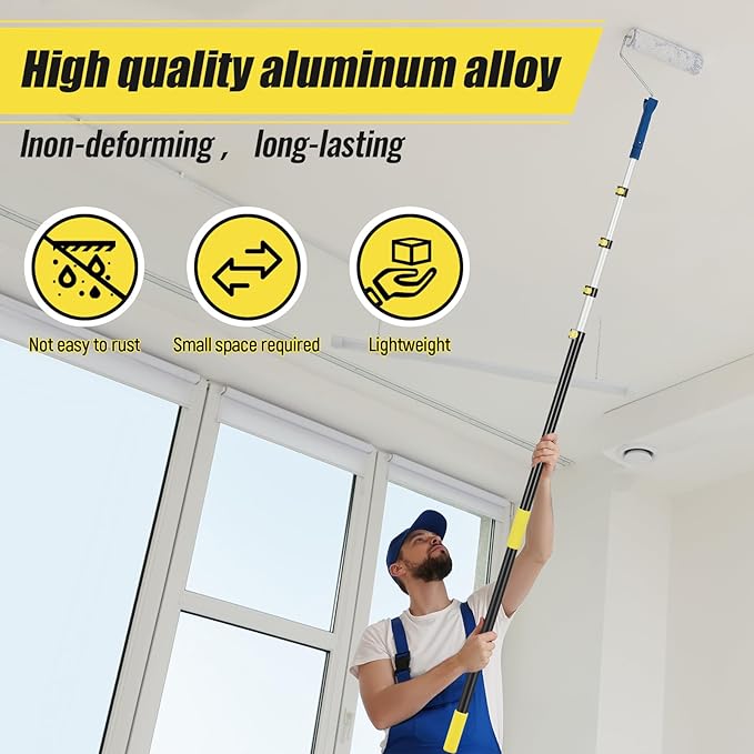 7-30 ft Telescopic Extension Pole with Utility Hook, Multi-Purpose Aluminum Pole for Painting, Dusting and New Year Window Cleaning Christmas Lights Installation Without a Ladder(Yellow)