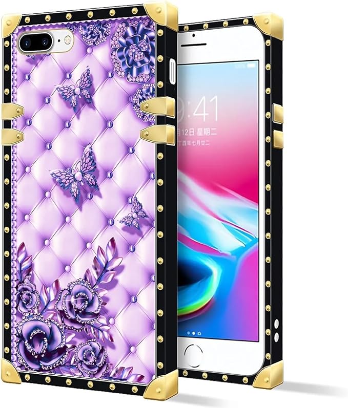 Compatible with iPhone 8 7 SE Case, Purple Butterfly Flowers Leaf Luxury Golden Decoration for Girl Women Soft TPU Shockproof Protective Hard PC Back for iPhone 8 7 SE