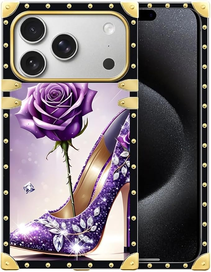 for iPhone 17 Pro Max Case Luxury Golden Decoration for Girl Women Soft TPU Shockproof Protective Hard PC Back for iPhone 17 Pro Max Crazy Pattern High Heeled Purple Diamond Rose