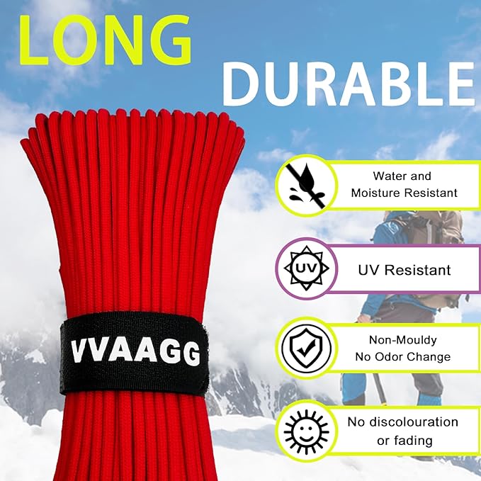 VVAAGG 1000 Red Paracord 200FT Utility Parachute Cord 4mm Nylon String12 Strand Nylon Camping Rope, Tent Rope, Clothsline Rope for Survival & Camping Gear (Red, 200FT)