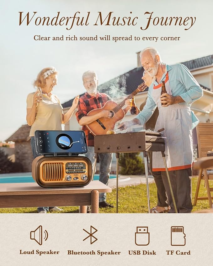 PRUNUS J-150 Portable Radio AM FM SW Bluetooth Speaker, Gifts for Dad and Mom, Retro Radios Vintage Transistor with Best Sound, Solar/D Battery Operated/USB Charging, TWS, Support TF Card/USB Playing
