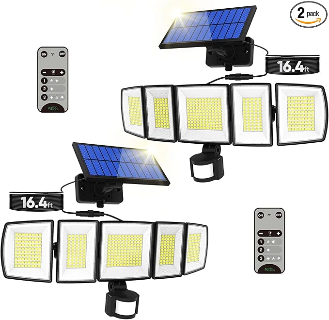 MDCMDCM Solar Motion Lights Outdoor - with 16.4ft Cable, 3000LM LED Security Lights for Outside Dusk to Dawn, 2400mAh IP65 Waterproof Flood Lights with Remote for Court Yard Garage Front Door