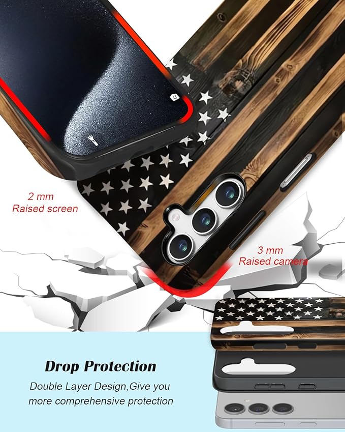 Compatible for Samsung Galaxy A27 5G Case, Dual Layer Heavy Duty 2 in 1 Shockproof Protective Phone Case,Burnt Wood American Flag